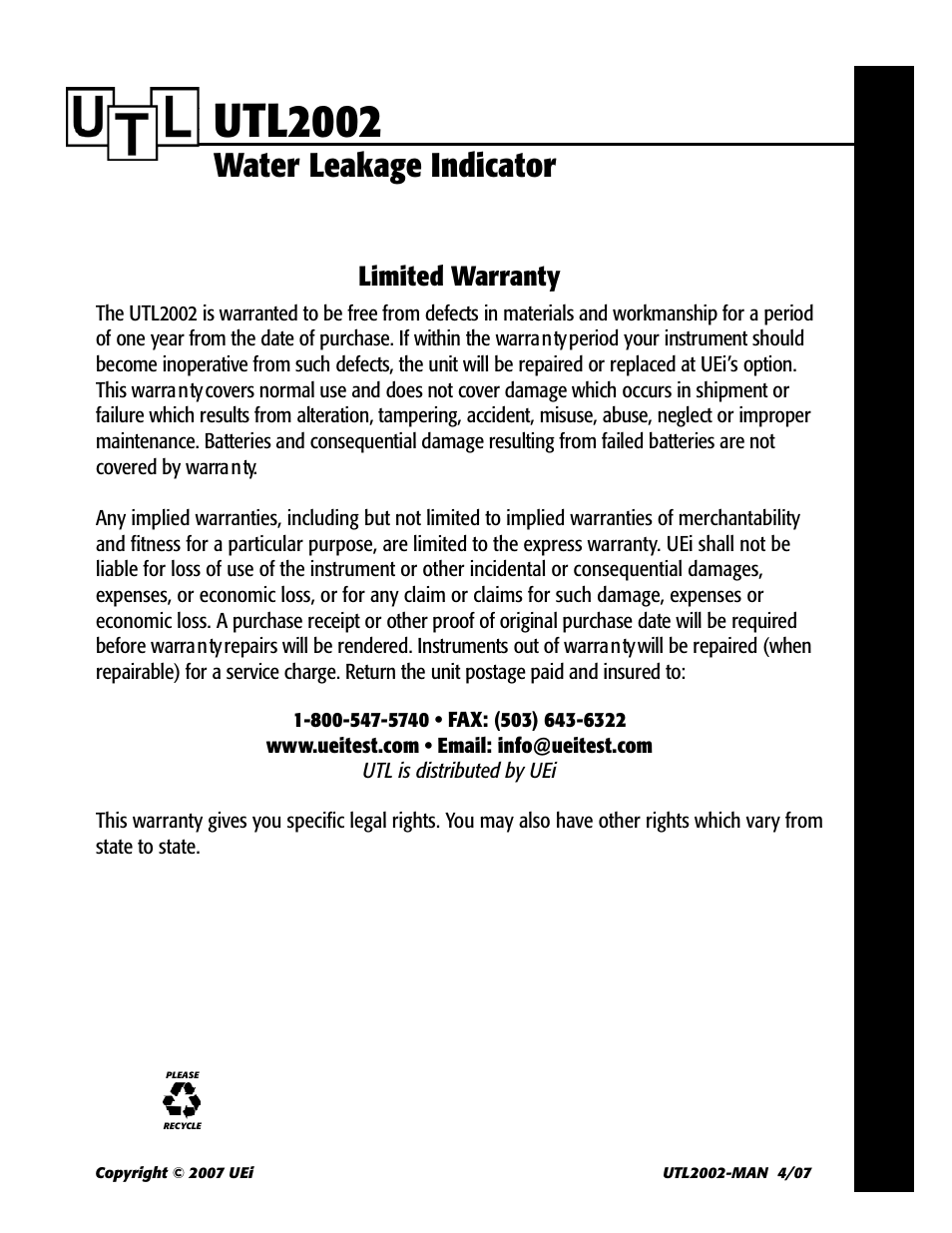 Utl2002, Water leakage indicator, Limited warranty | UEi Test Instruments UTL2002 User Manual | Page 3 / 3
