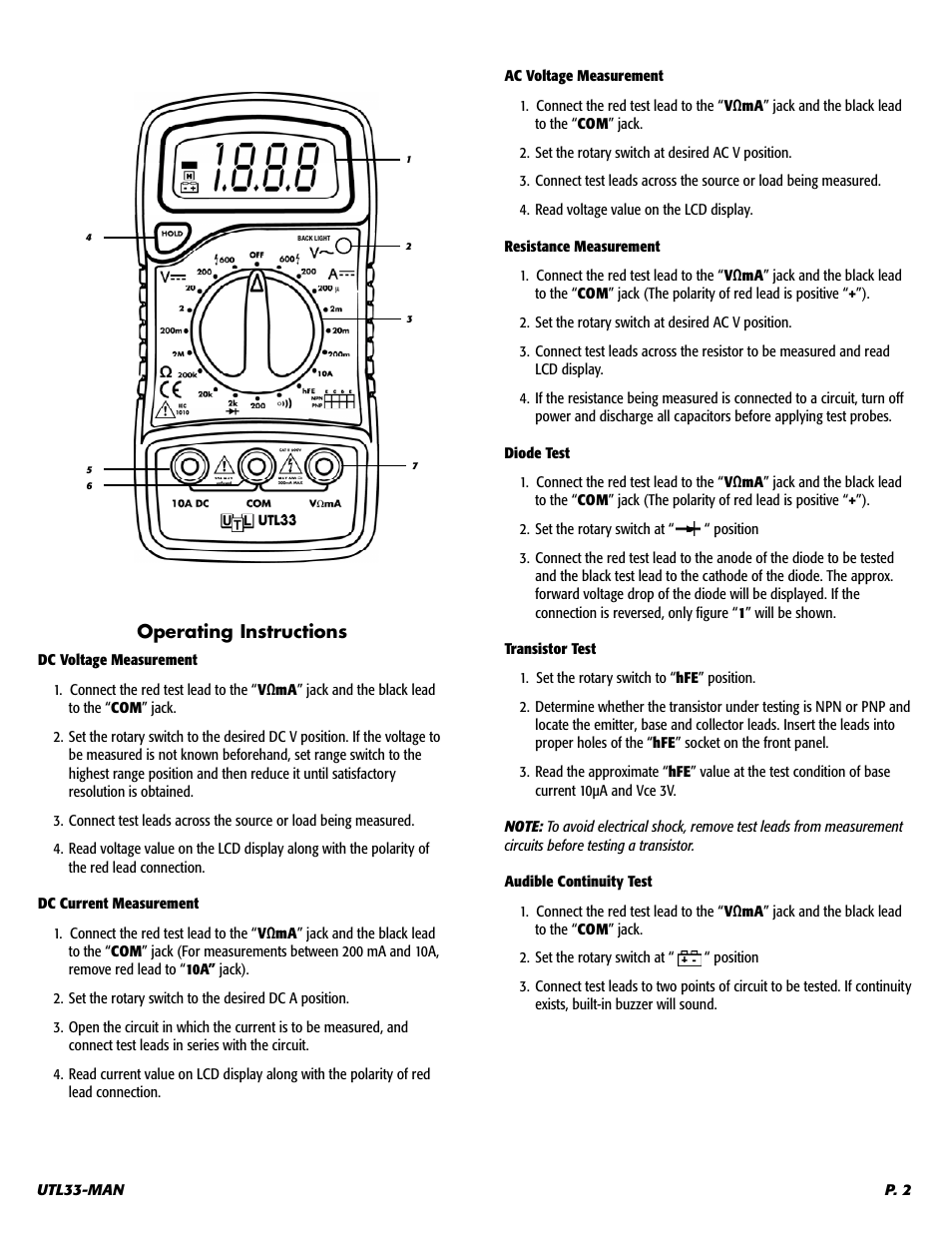 Operating instructions | UEi Test Instruments UTL33T User Manual | Page 3 / 6