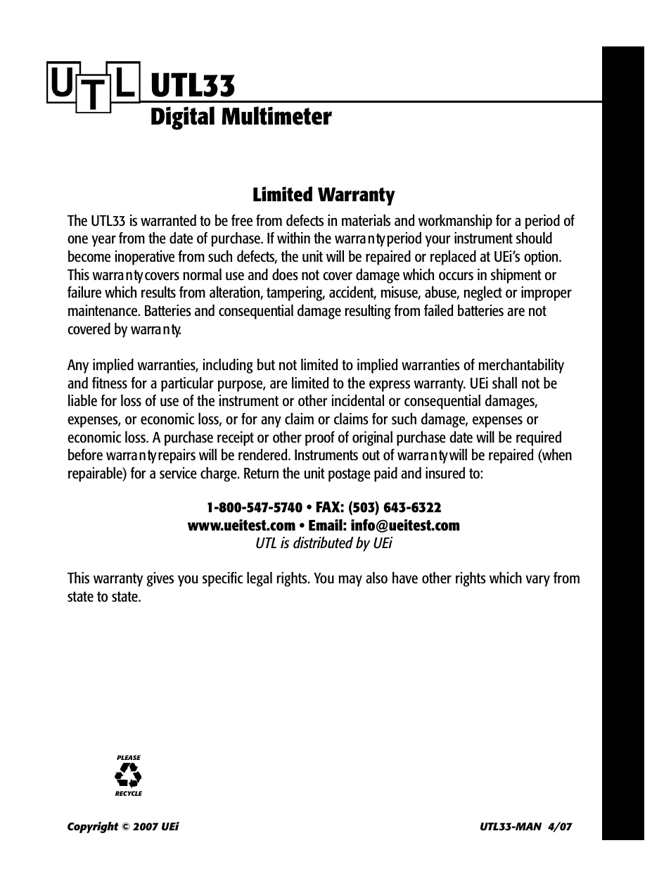 Utl33, Digital multimeter, Limited warranty | UEi Test Instruments UTL33T User Manual | Page 6 / 6