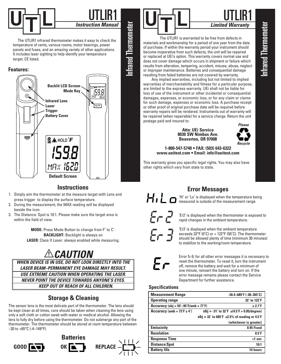 UEi Test Instruments UTLIR1 User Manual | 1 page