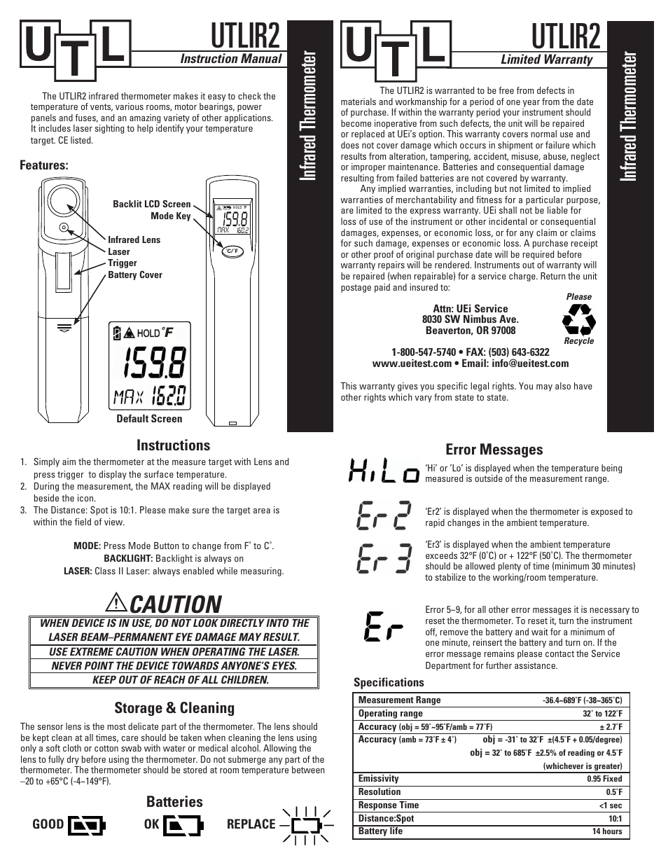 UEi Test Instruments UTLIR2 User Manual | 1 page
