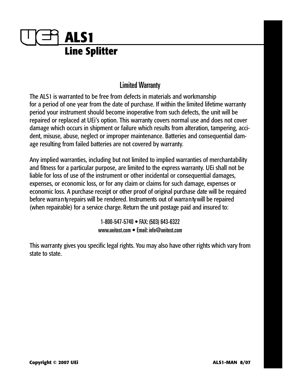 Als1, Line splitter | UEi Test Instruments ALS1 User Manual | Page 3 / 3