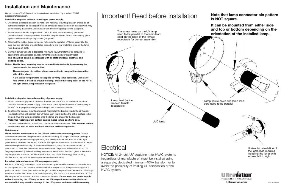 Electrical, Important! read before installation, Installation and maintenance | Ultravation UMX EZUV Signature Series- DC-OH-0229 User Manual | Page 2 / 2