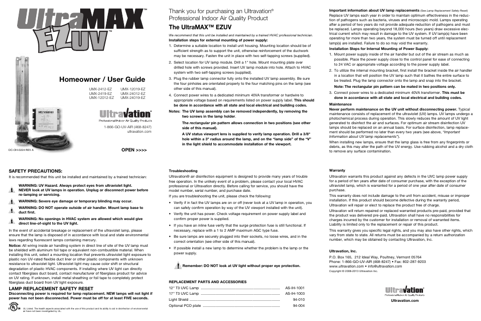 Ultravation UMX 24 EZUV - DC-OH-0224 User Manual | 2 pages