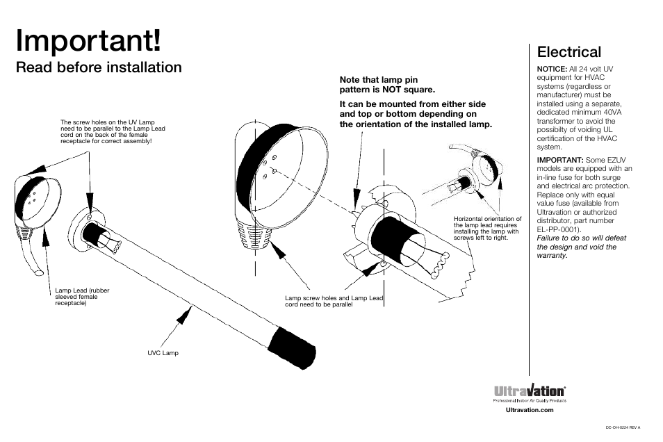 Important, Read before installation, Electrical | Ultravation UMX 24 EZUV - DC-OH-0224 User Manual | Page 2 / 2