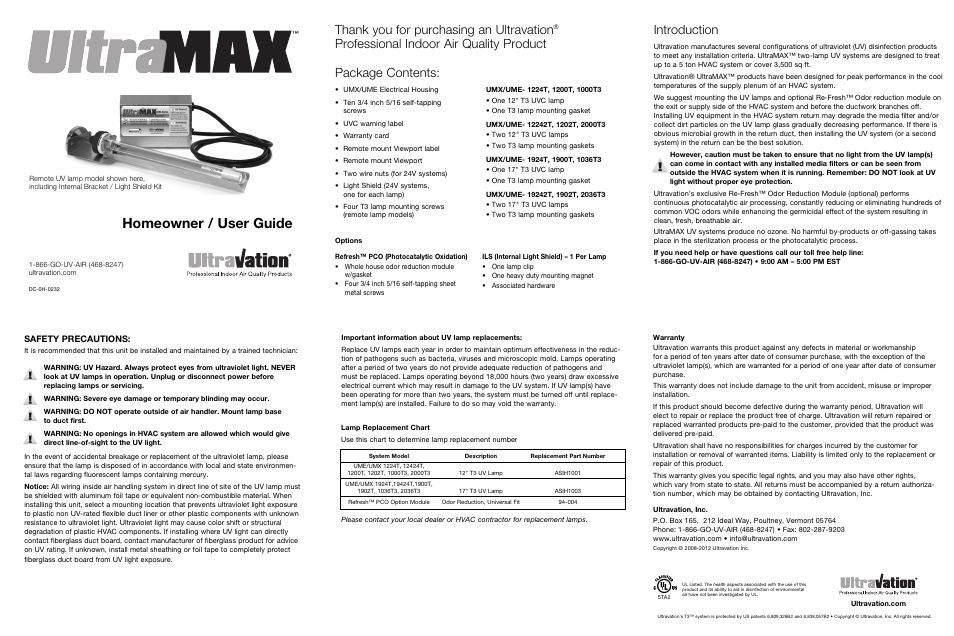 Ultravation UME Remote Lamp - DC-OH-0232 User Manual | 2 pages