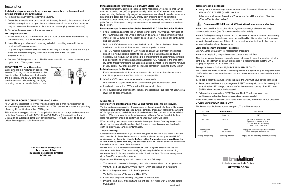 Installation | Ultravation UME Remote Lamp - DC-OH-0232 User Manual | Page 2 / 2