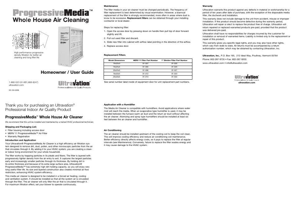 Ultravation ProgressiveMedia Air Cleaner - DC-IH-0208 User Manual | 2 pages