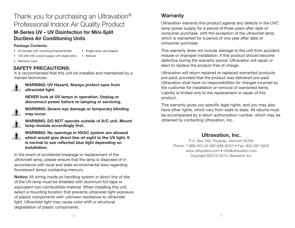 Professional indoor air quality product | Ultravation M-Series for Mini-split A/C - DC-OH-0230 User Manual | Page 2 / 4