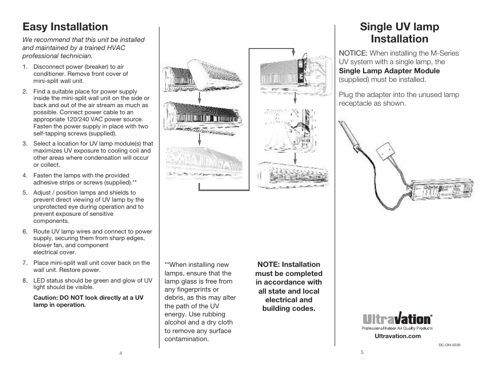 Single uv lamp installation, Easy installation | Ultravation M-Series for Mini-split A/C - DC-OH-0230 User Manual | Page 4 / 4