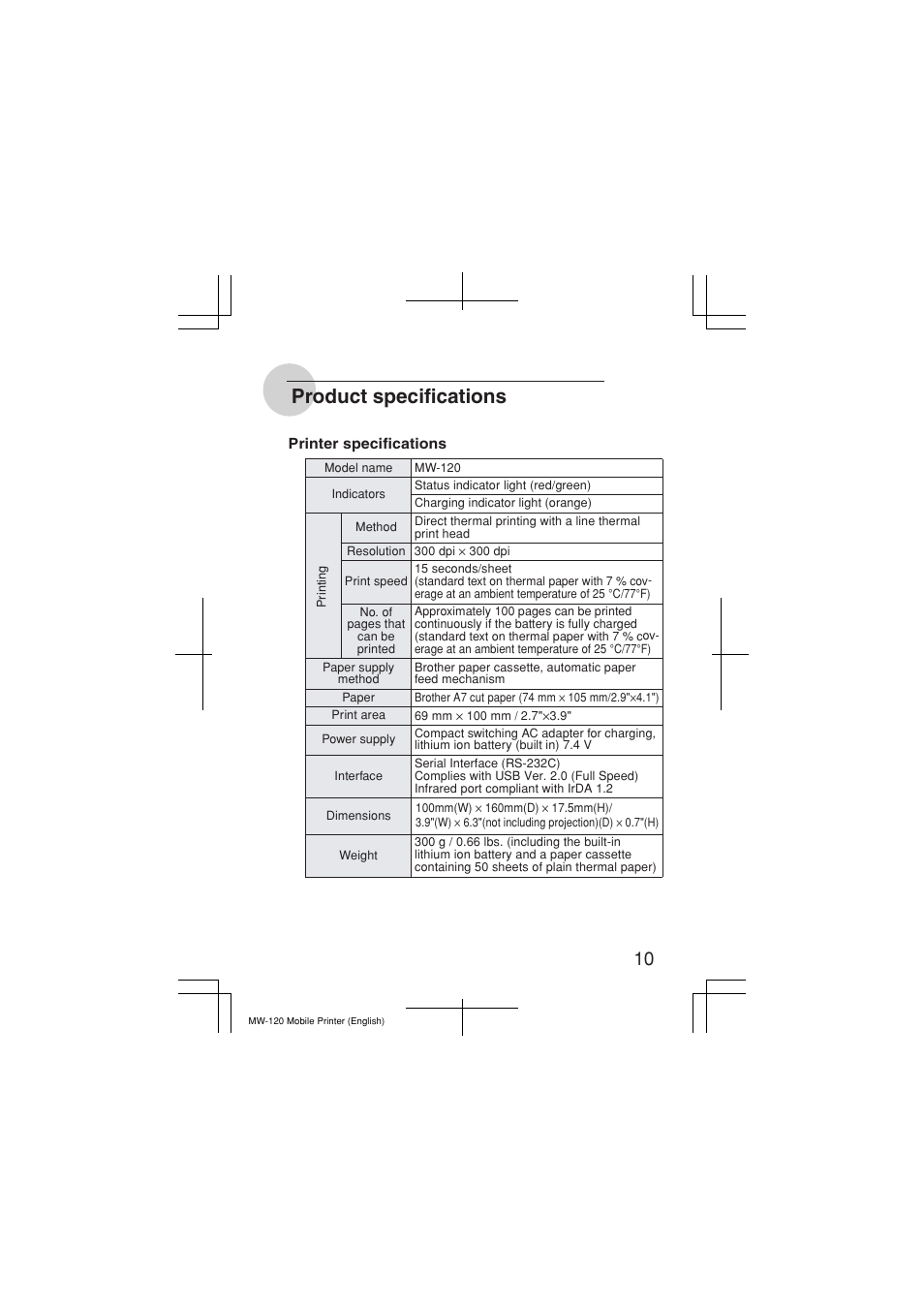 Product specifications | Brother MW-120 User Manual | Page 11 / 12