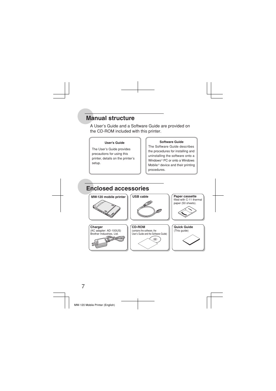 Manual structure enclosed accessories | Brother MW-120 User Manual | Page 8 / 12