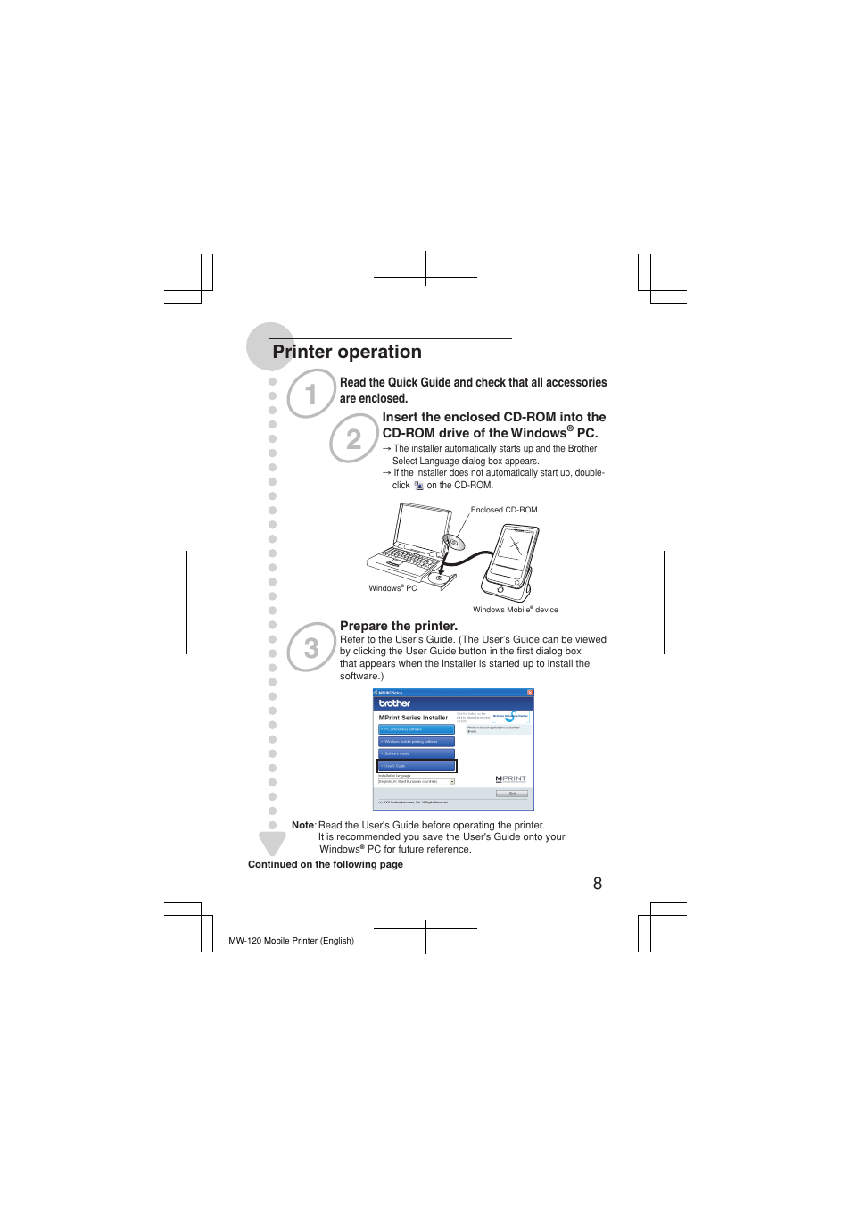 Printer operation | Brother MW-120 User Manual | Page 9 / 12