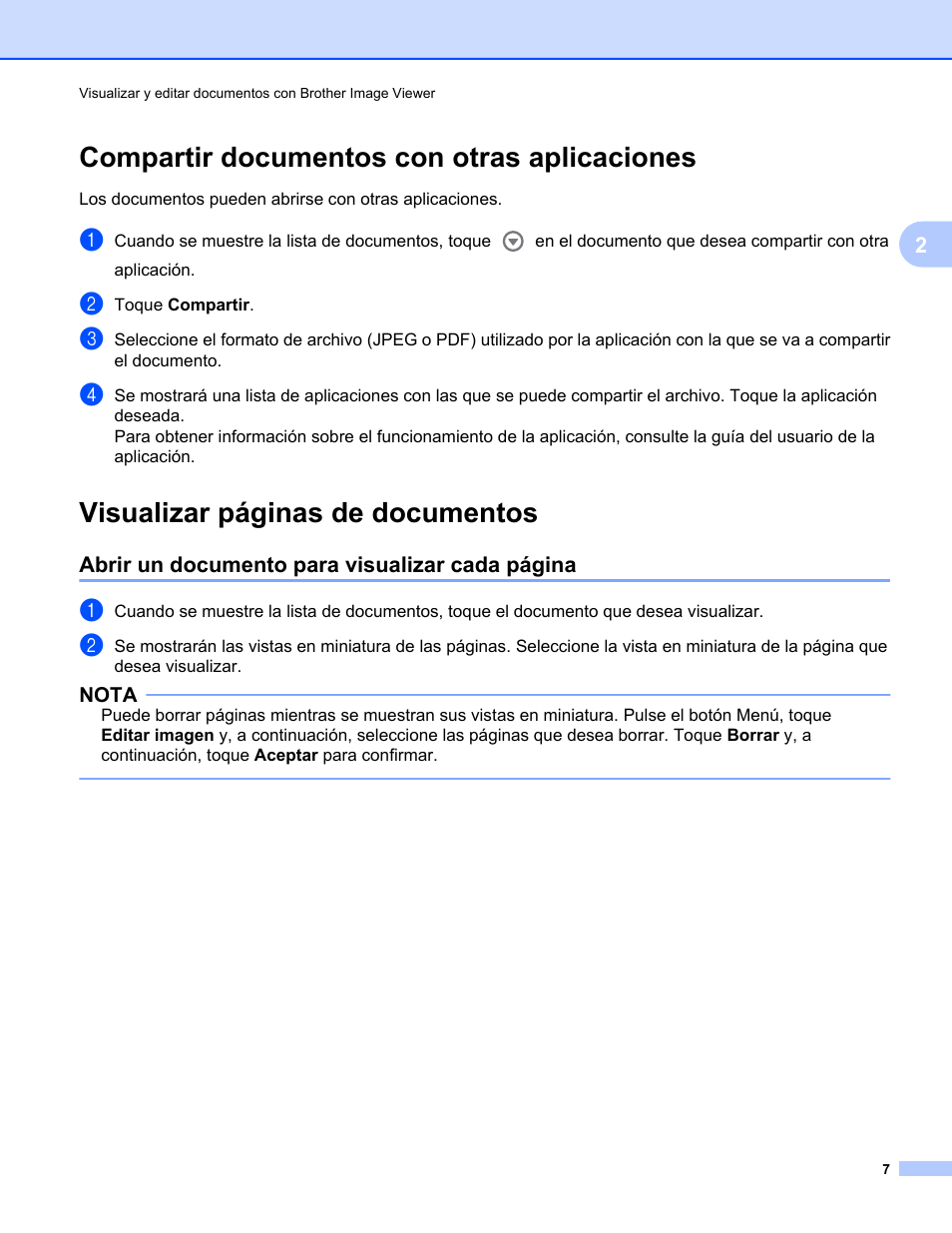 Compartir documentos con otras aplicaciones, Visualizar páginas de documentos | Brother Image Viewer (para Android) User Manual | Page 10 / 16