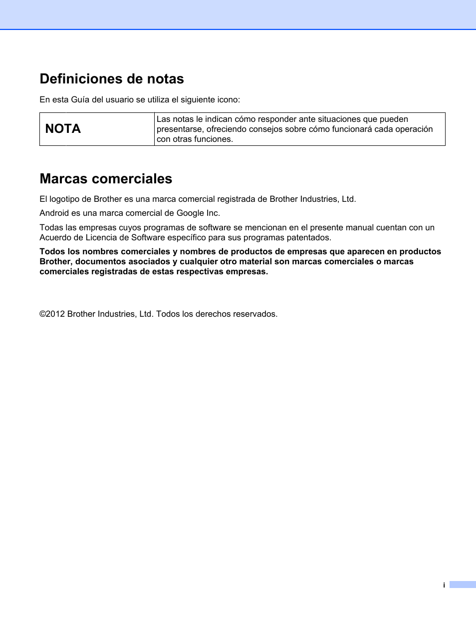 Definiciones de notas, Marcas comerciales, Nota | Brother Image Viewer (para Android) User Manual | Page 2 / 16