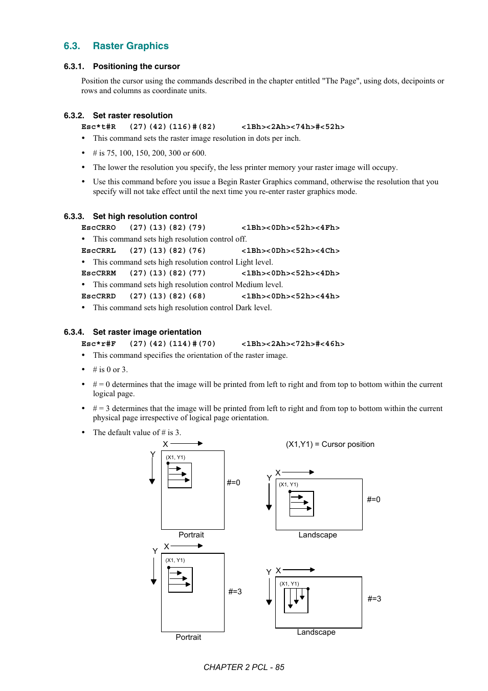 Raster graphics, Positioning the cursor, Set raster resolution | Set high resolution control, Set raster image orientation | Brother HL-2170W User Manual | Page 104 / 522