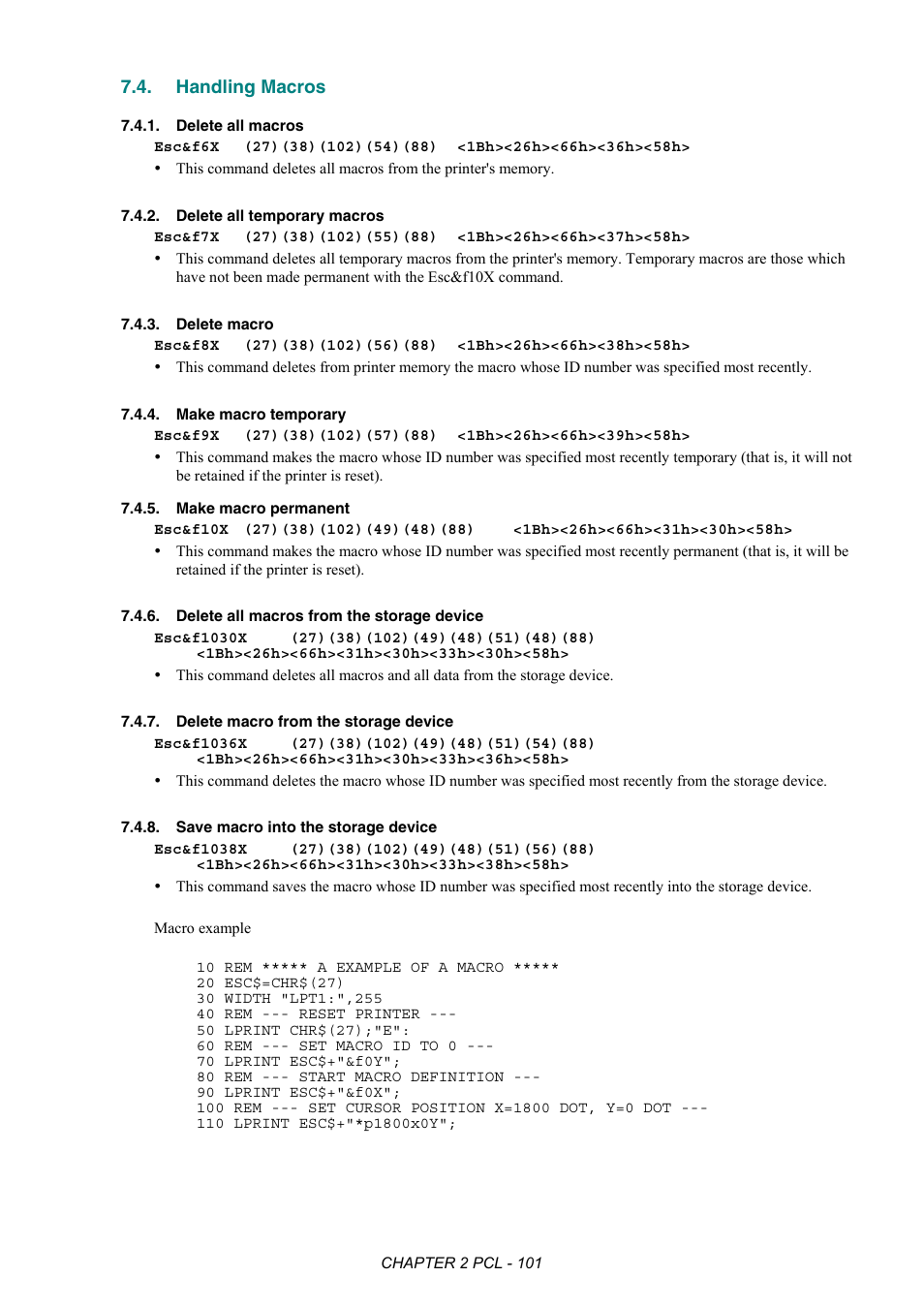 Handling macros, Delete all macros, Delete all temporary macros | Delete macro, Make macro temporary, Make macro permanent, Delete all macros from the storage device, Delete macro from the storage device, Save macro into the storage device | Brother HL-2170W User Manual | Page 120 / 522