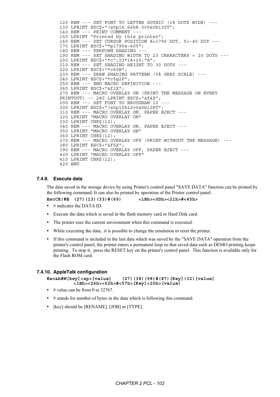 Execute data, Appletalk configuration | Brother HL-2170W User Manual | Page 121 / 522