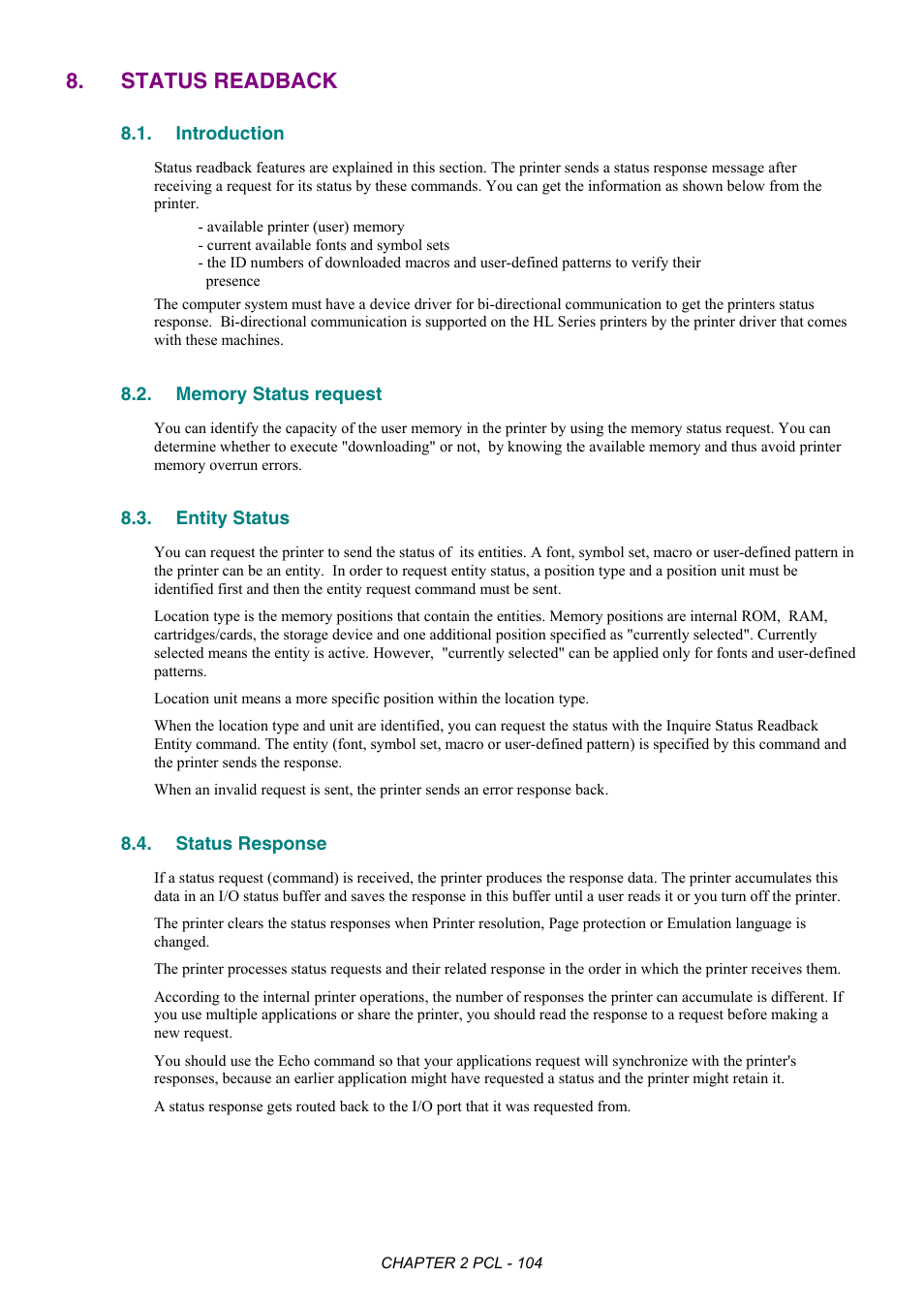 Status readback, Introduction, Memory status request | Entity status, Status response | Brother HL-2170W User Manual | Page 123 / 522