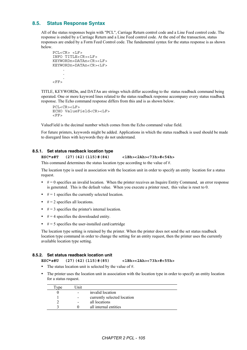 Status response syntax, Set status readback location type, Set status readback location unit | Brother HL-2170W User Manual | Page 124 / 522