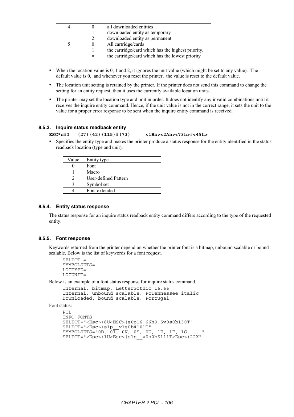 Inquire status readback entity, Entity status response, Font response | Brother HL-2170W User Manual | Page 125 / 522