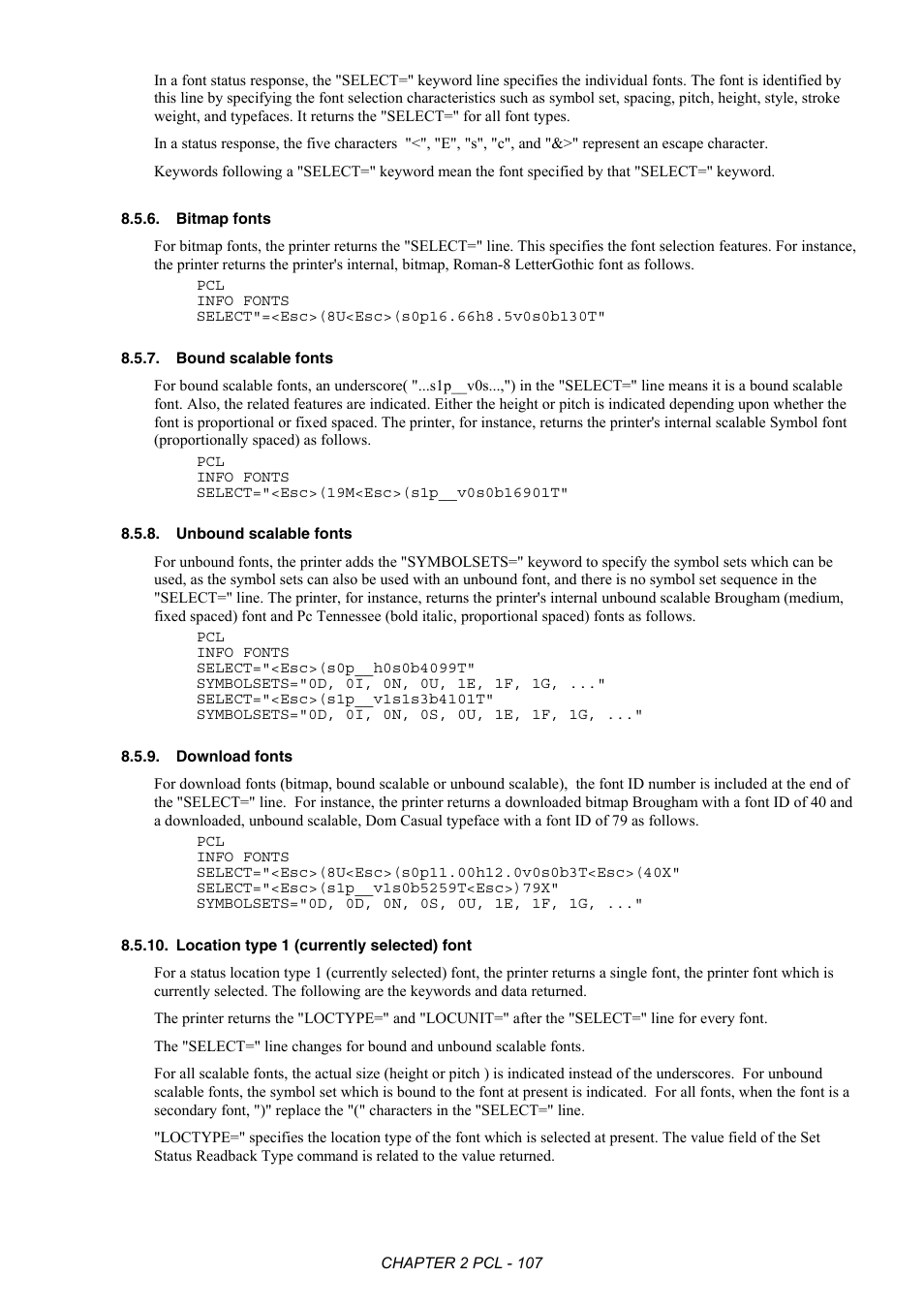 Bitmap fonts, Bound scalable fonts, Unbound scalable fonts | Download fonts, Location type 1 (currently selected) font | Brother HL-2170W User Manual | Page 126 / 522