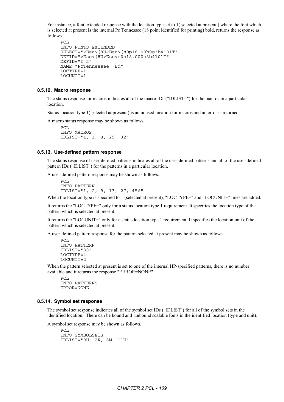 Macro response, Use-defined pattern response, Symbol set response | Brother HL-2170W User Manual | Page 128 / 522