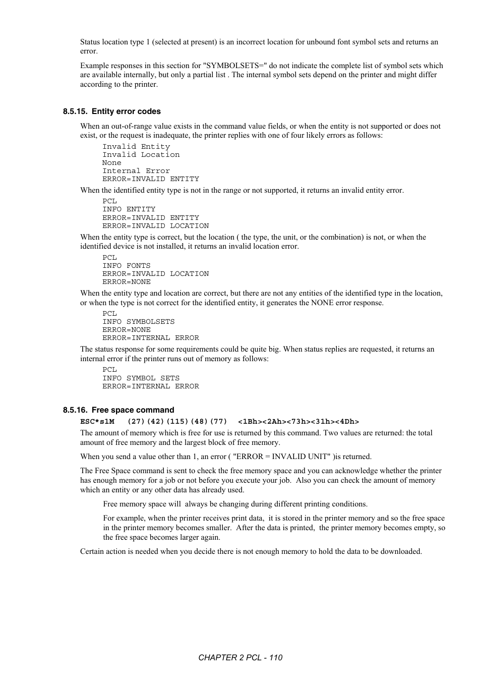 Entity error codes, Free space command | Brother HL-2170W User Manual | Page 129 / 522