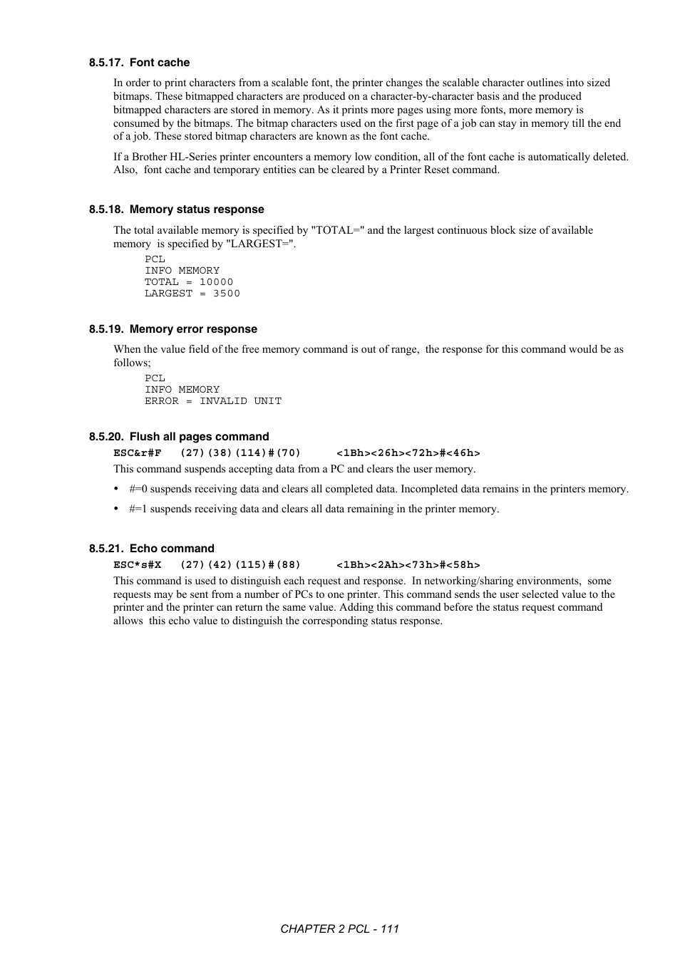 Font cache, Memory status response, Memory error response | Echo command | Brother HL-2170W User Manual | Page 130 / 522