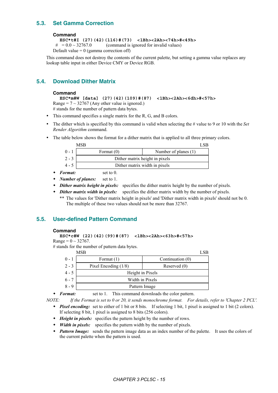 Set gamma correction, Download dither matrix, User-defined pattern command | Brother HL-2170W User Manual | Page 148 / 522