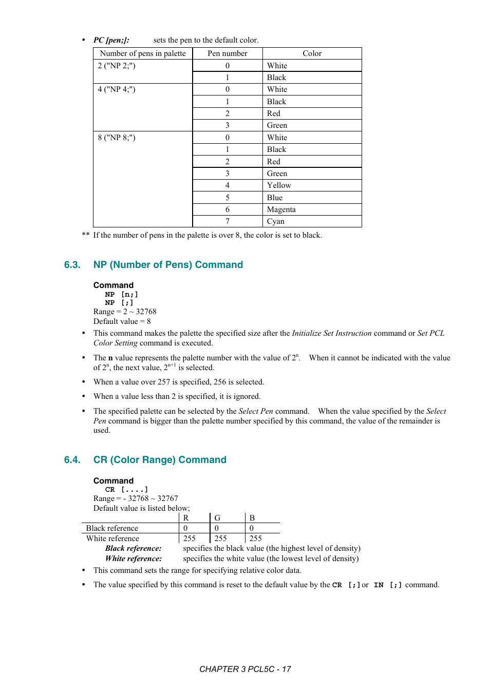 Np (number of pens) command, Cr (color range) command | Brother HL-2170W User Manual | Page 150 / 522