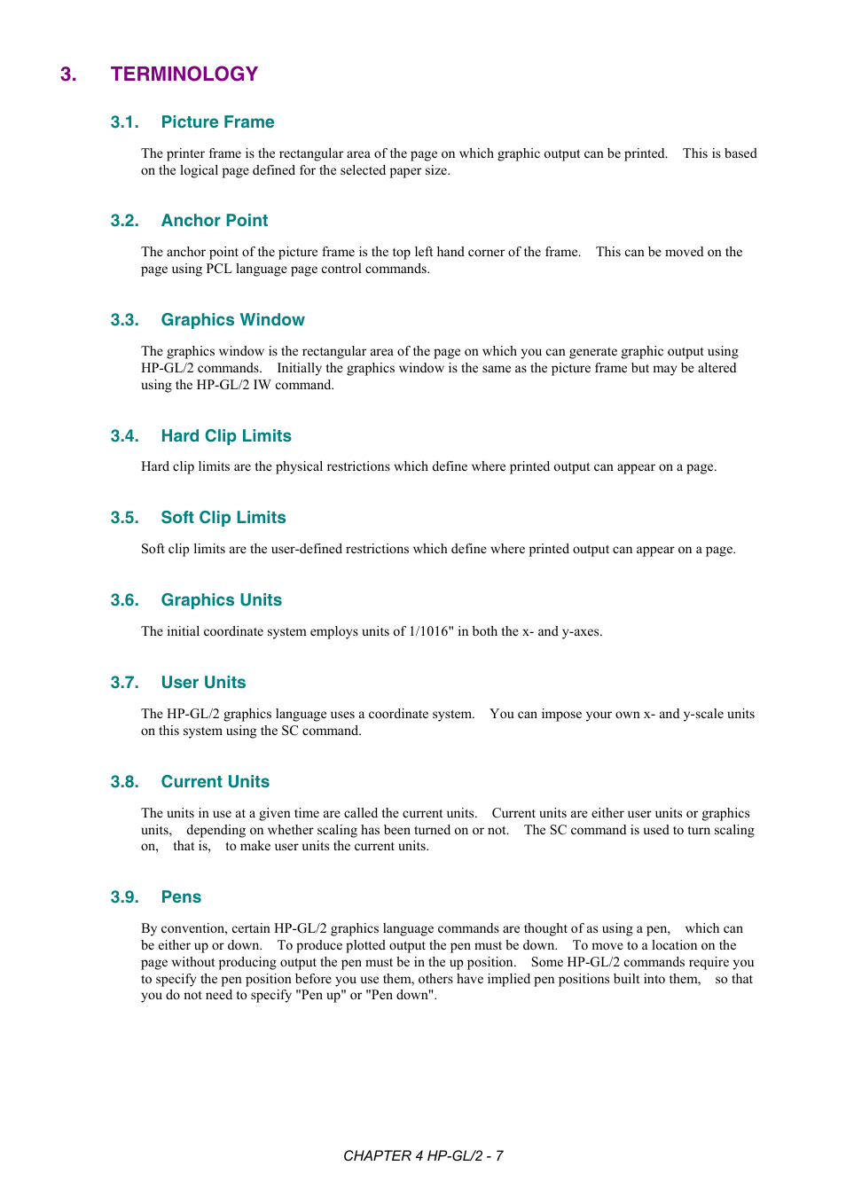 Terminology, Picture frame, Anchor point | Graphics window, Hard clip limits, Soft clip limits, Graphics units, User units, Current units, Pens | Brother HL-2170W User Manual | Page 158 / 522