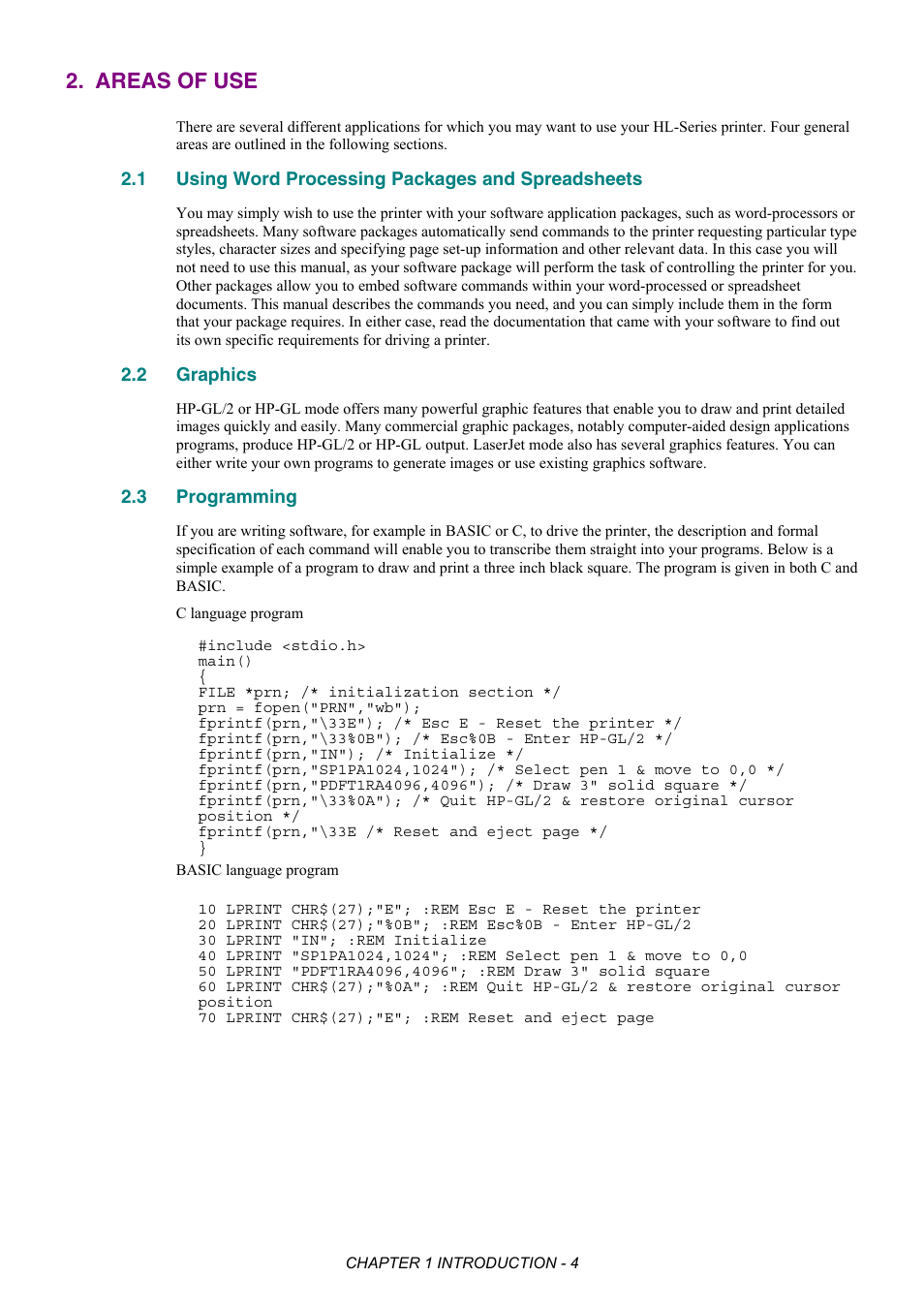 Areas of use, 1 using word processing packages and spreadsheets, 2 graphics | 3 programming, Using word processing packages and spreadsheets, Graphics, Programming | Brother HL-2170W User Manual | Page 18 / 522