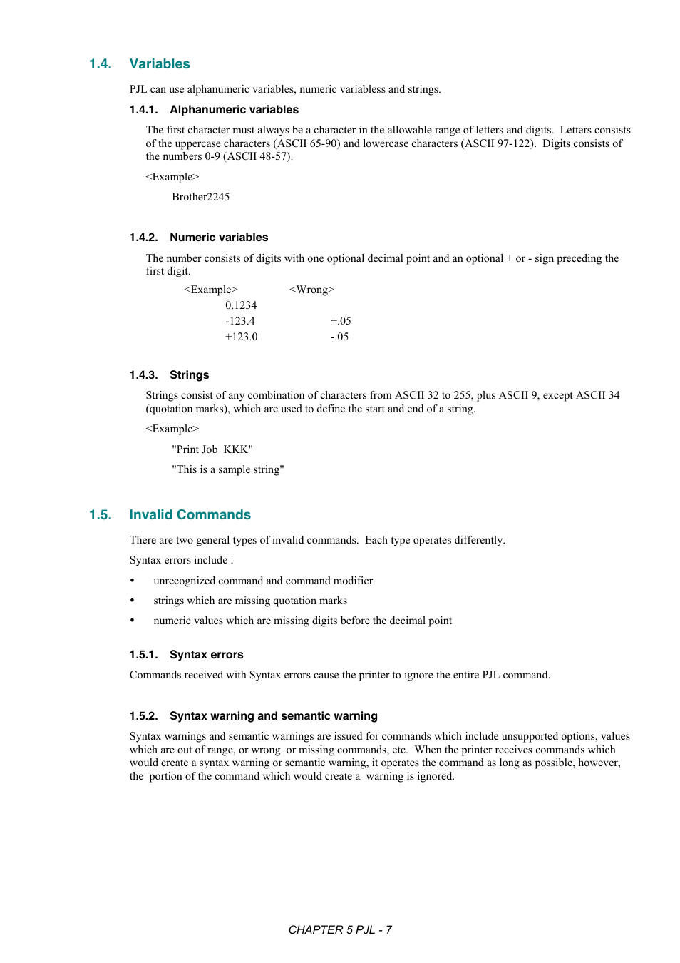 Variables, Alphanumeric variables, Numeric variables | Strings, Invalid commands, Syntax errors, Syntax warning and semantic warning | Brother HL-2170W User Manual | Page 211 / 522