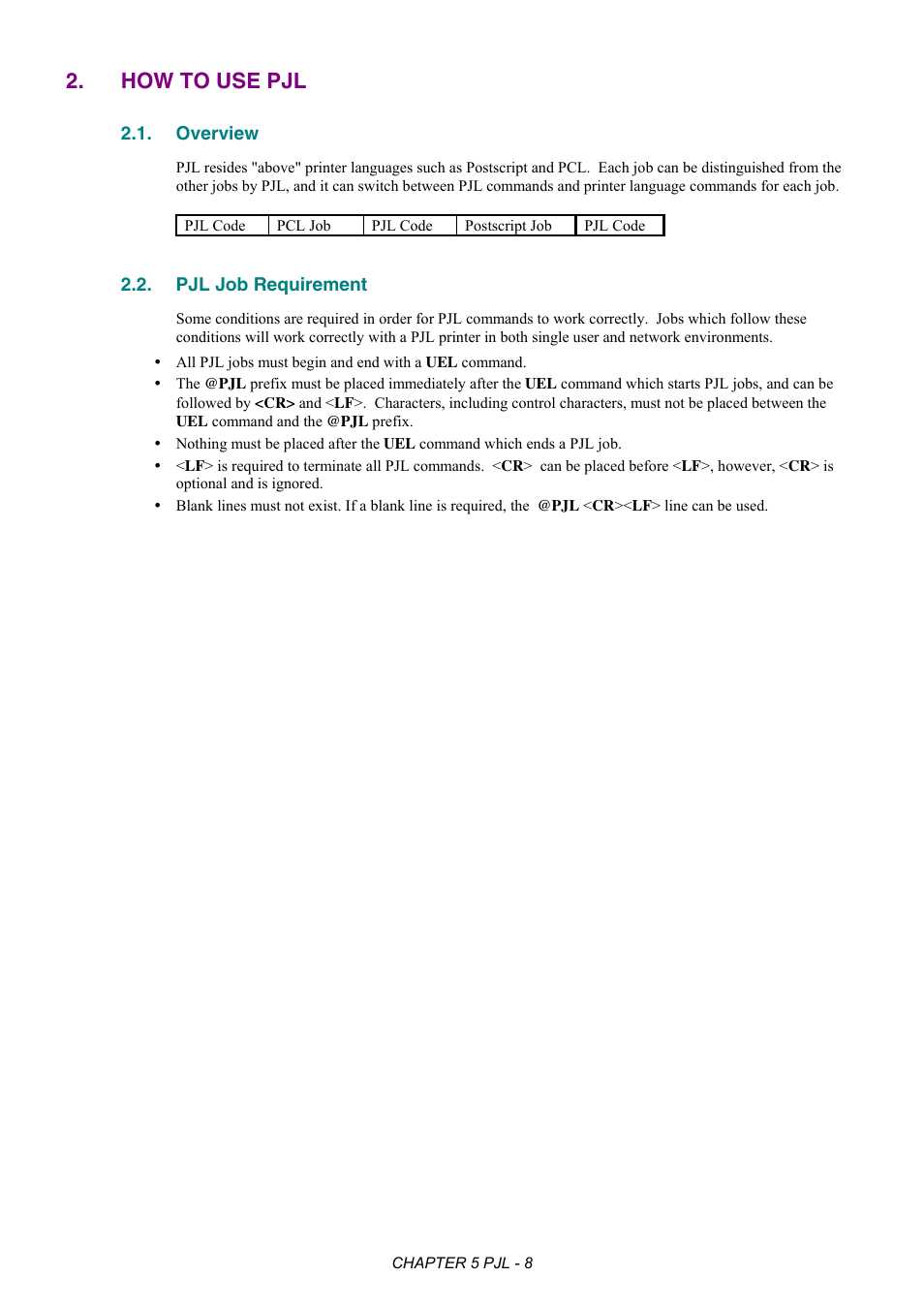 How to use pjl, Overview, Pjl job requirement | Brother HL-2170W User Manual | Page 212 / 522