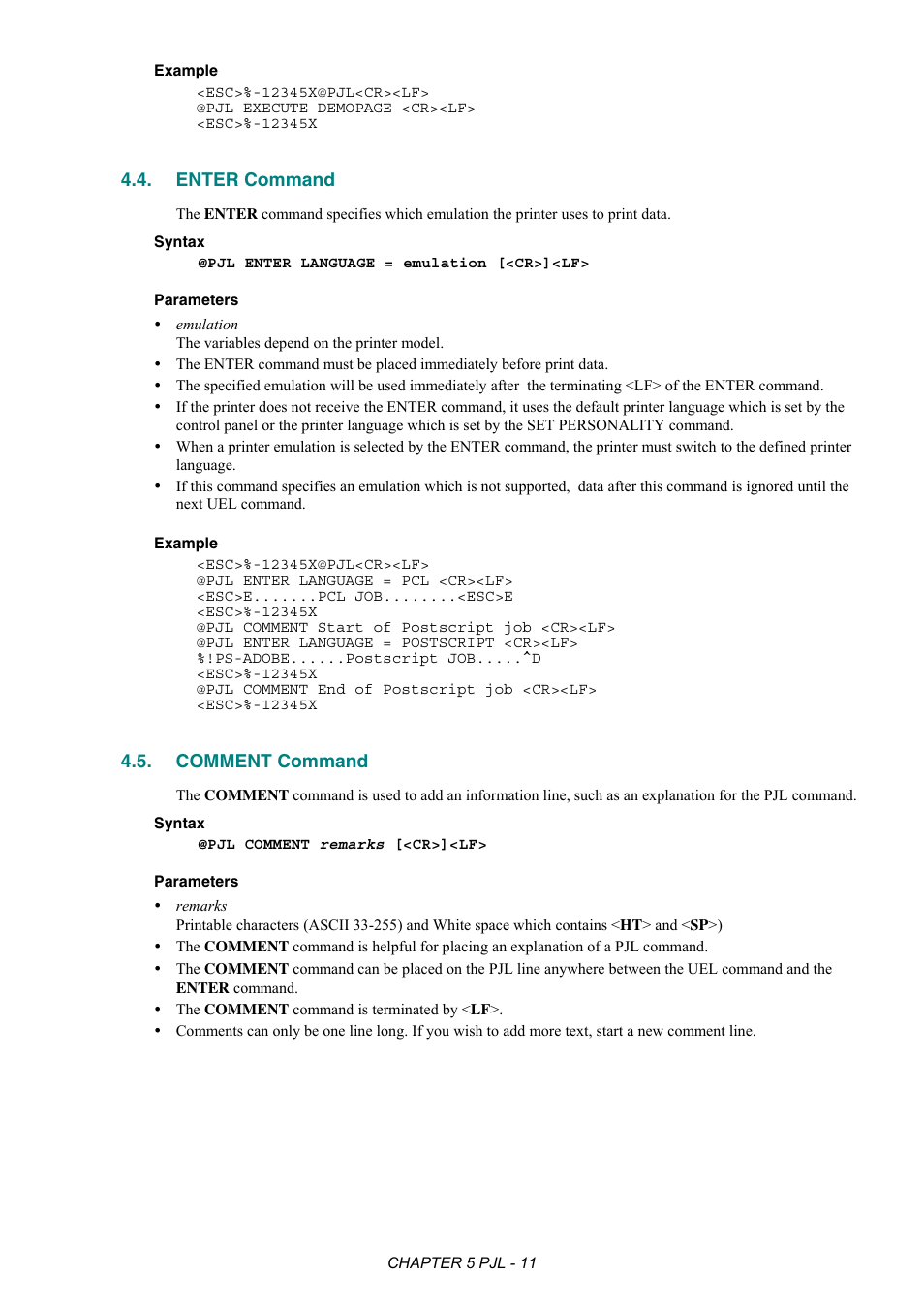 Enter command, Comment command | Brother HL-2170W User Manual | Page 215 / 522