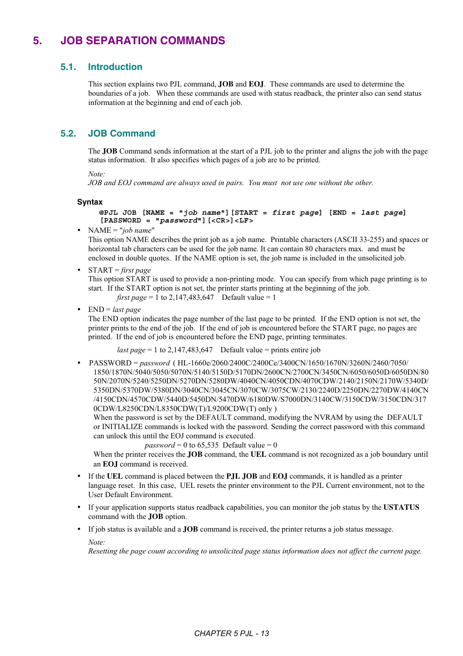 Job separation commands, Introduction, Job command | Brother HL-2170W User Manual | Page 217 / 522