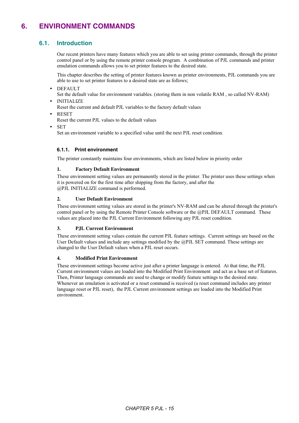 Environment commands, Introduction, Print environment | Brother HL-2170W User Manual | Page 219 / 522