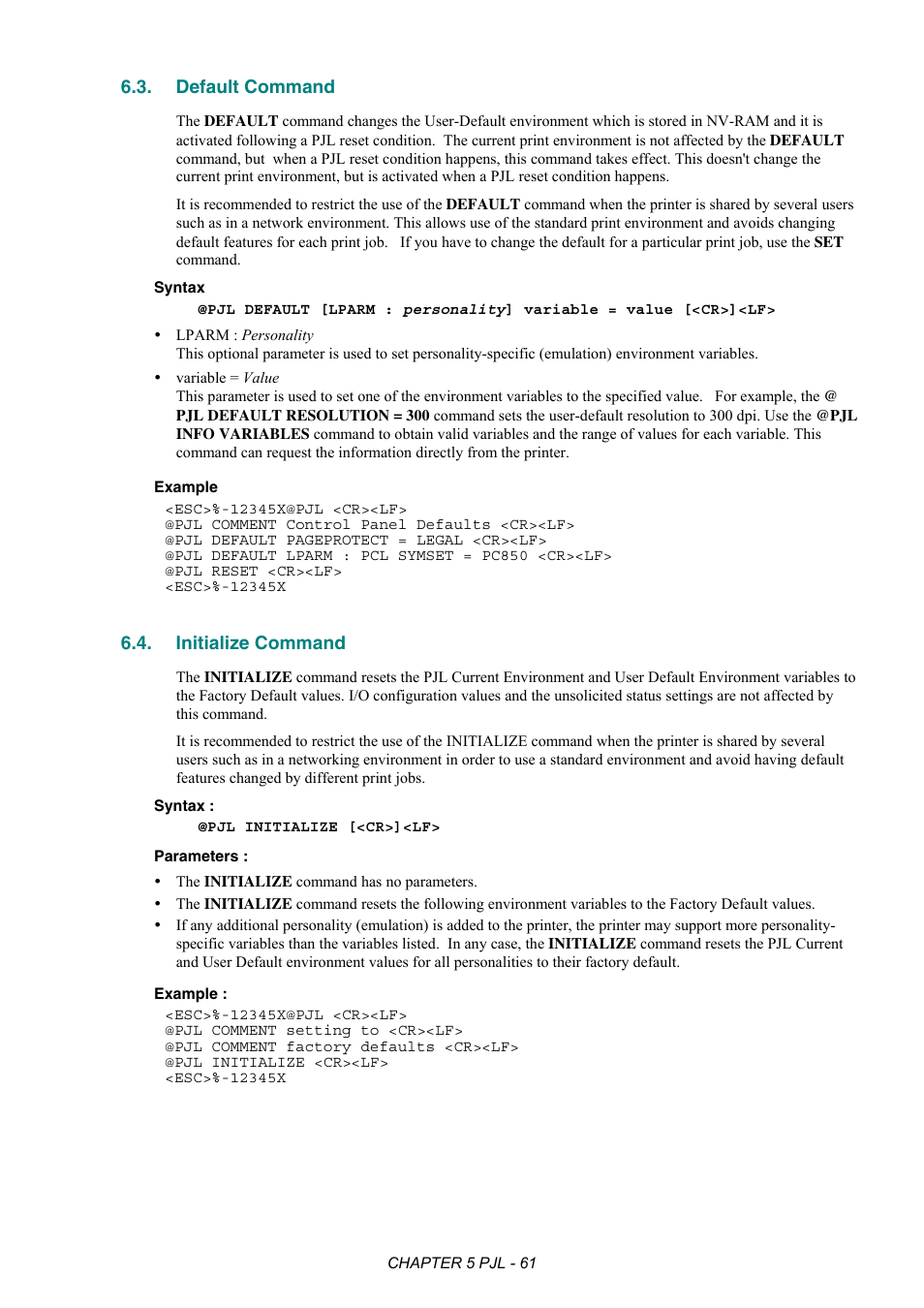 Default command, Initialize command | Brother HL-2170W User Manual | Page 265 / 522