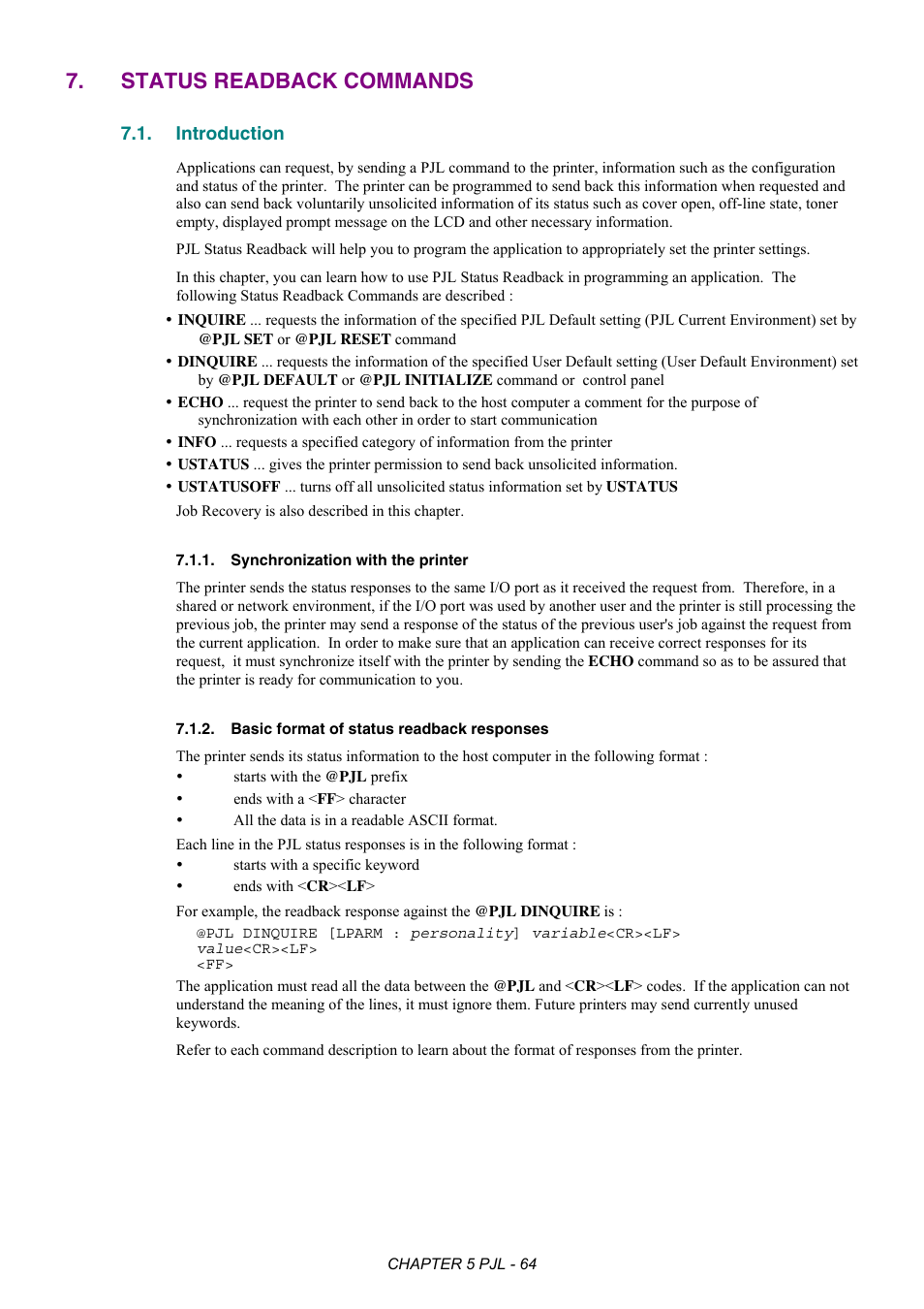 Status readback commands, Introduction, Synchronization with the printer | Basic format of status readback responses | Brother HL-2170W User Manual | Page 268 / 522