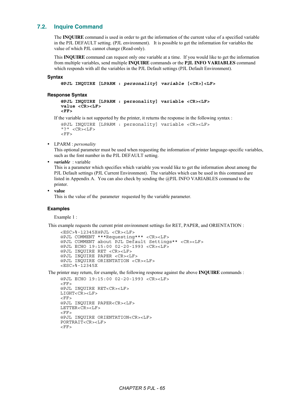 Inquire command | Brother HL-2170W User Manual | Page 269 / 522