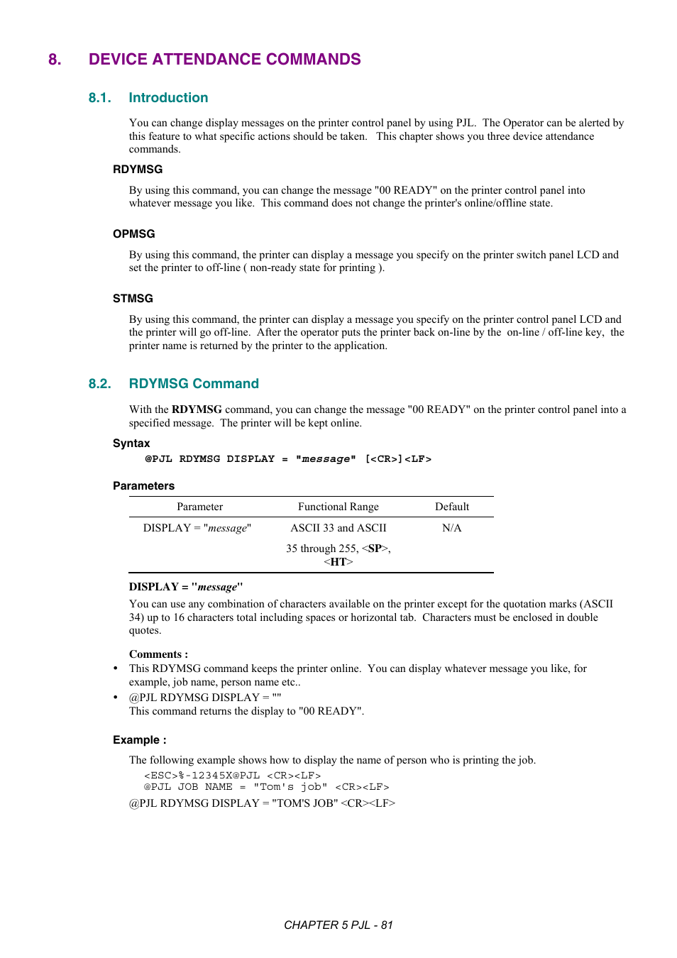 Device attendance commands, Introduction, Rdymsg command | Brother HL-2170W User Manual | Page 285 / 522