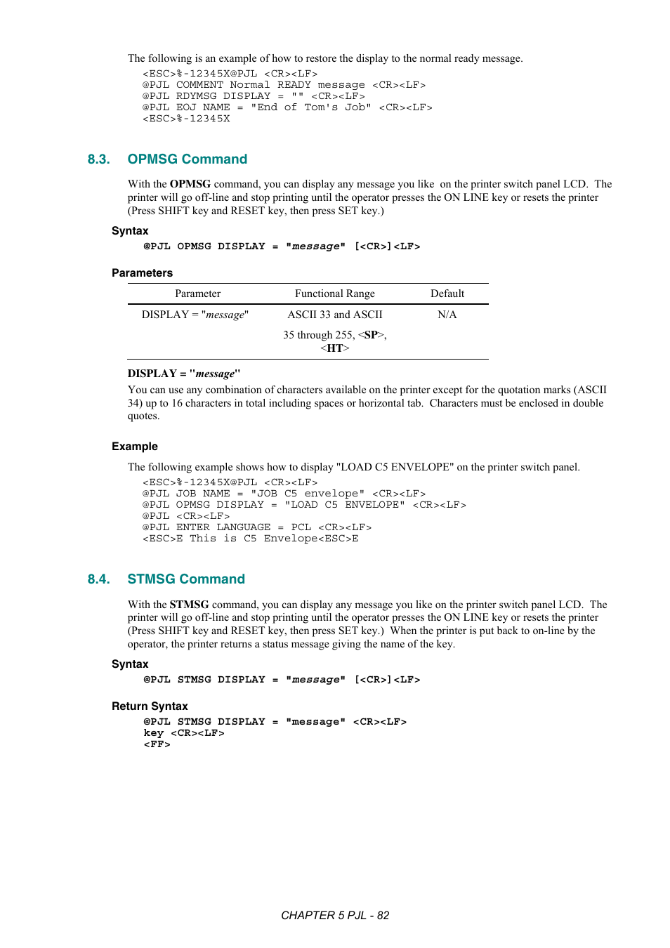 Opmsg command, Stmsg command | Brother HL-2170W User Manual | Page 286 / 522