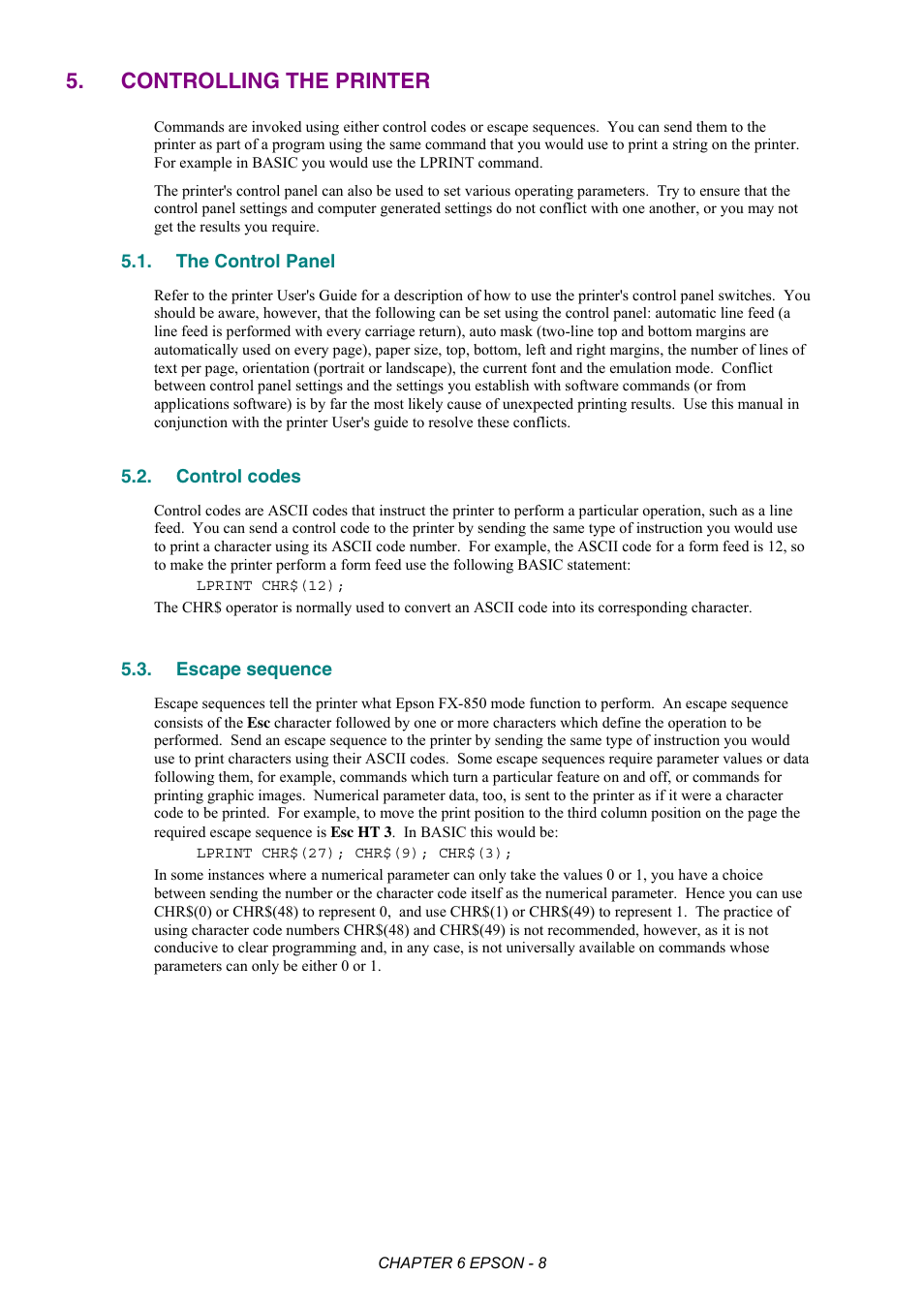 Controlling the printer, The control panel, Control codes | Escape sequence | Brother HL-2170W User Manual | Page 296 / 522