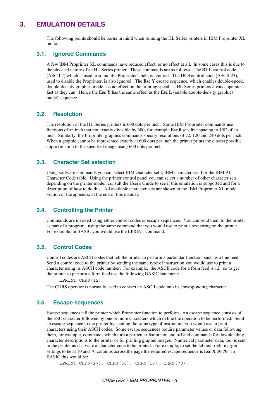 Emulation details, Ignored commands, Resolution | Character set selection, Controlling the printer, Control codes, Escape sequences | Brother HL-2170W User Manual | Page 322 / 522