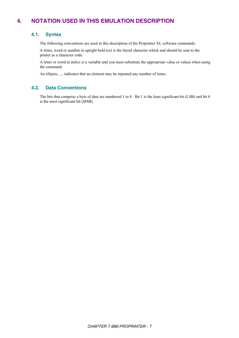 Notation used in this emulation description, Syntax, Data conventions | Brother HL-2170W User Manual | Page 323 / 522