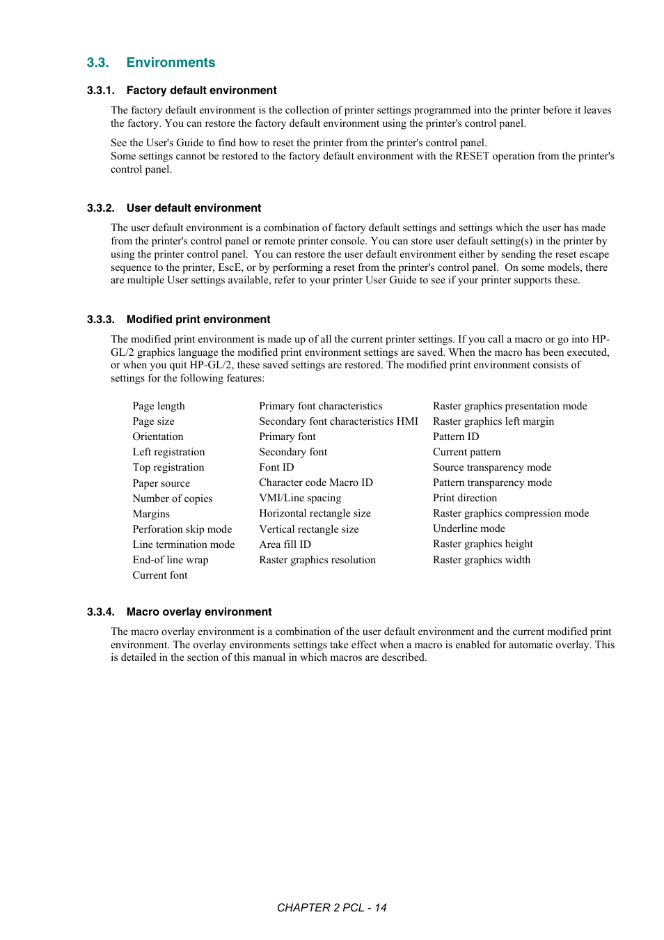 Environments, Factory default environment, User default environment | Modified print environment, Macro overlay environment | Brother HL-2170W User Manual | Page 33 / 522