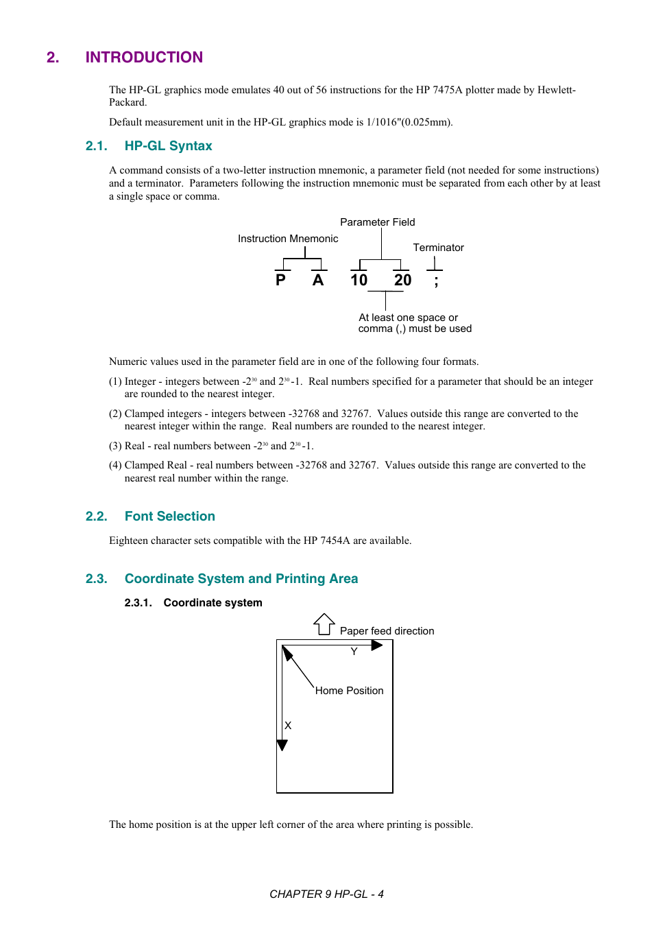 Introduction, Hp-gl syntax, Font selection | Coordinate system and printing area, Coordinate system, P a 10 20 | Brother HL-2170W User Manual | Page 352 / 522