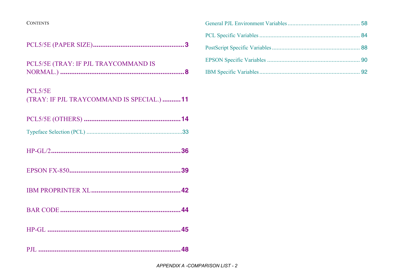 Appendix a comparison list, Pcl5/5e (paper size), Pcl5/5e (tray: if pjl traycommand is normal.) | Pcl5/5e (tray: if pjl traycommand is special.), Pcl5/5e (others), Hp-gl/2, Epson fx-850, Ibm proprinter xl, Bar code, Hp-gl | Brother HL-2170W User Manual | Page 385 / 522