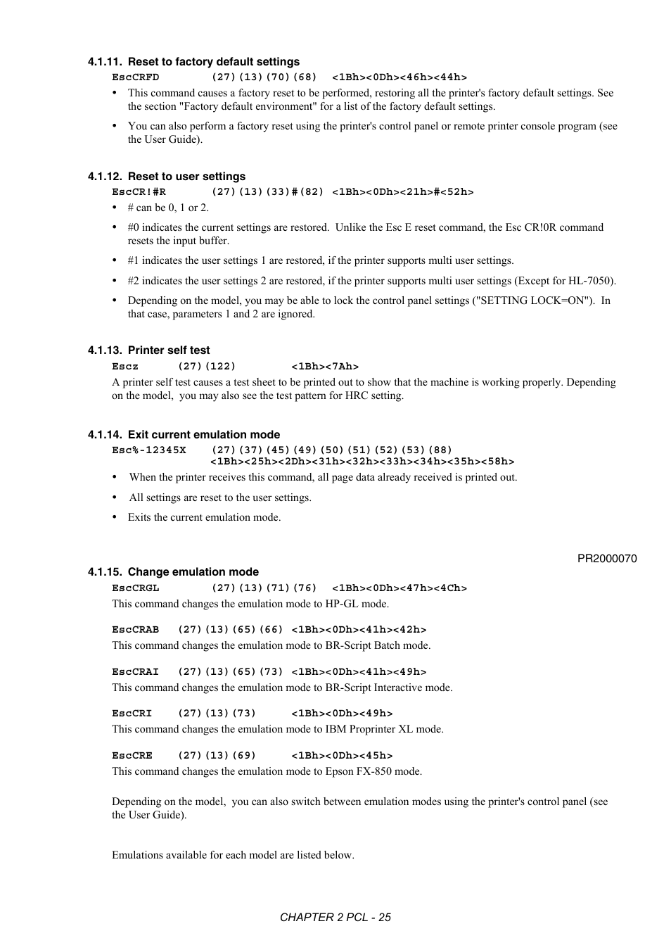 Reset to factory default settings, Reset to user settings, Printer self test | Exit current emulation mode, Change emulation mode | Brother HL-2170W User Manual | Page 44 / 522